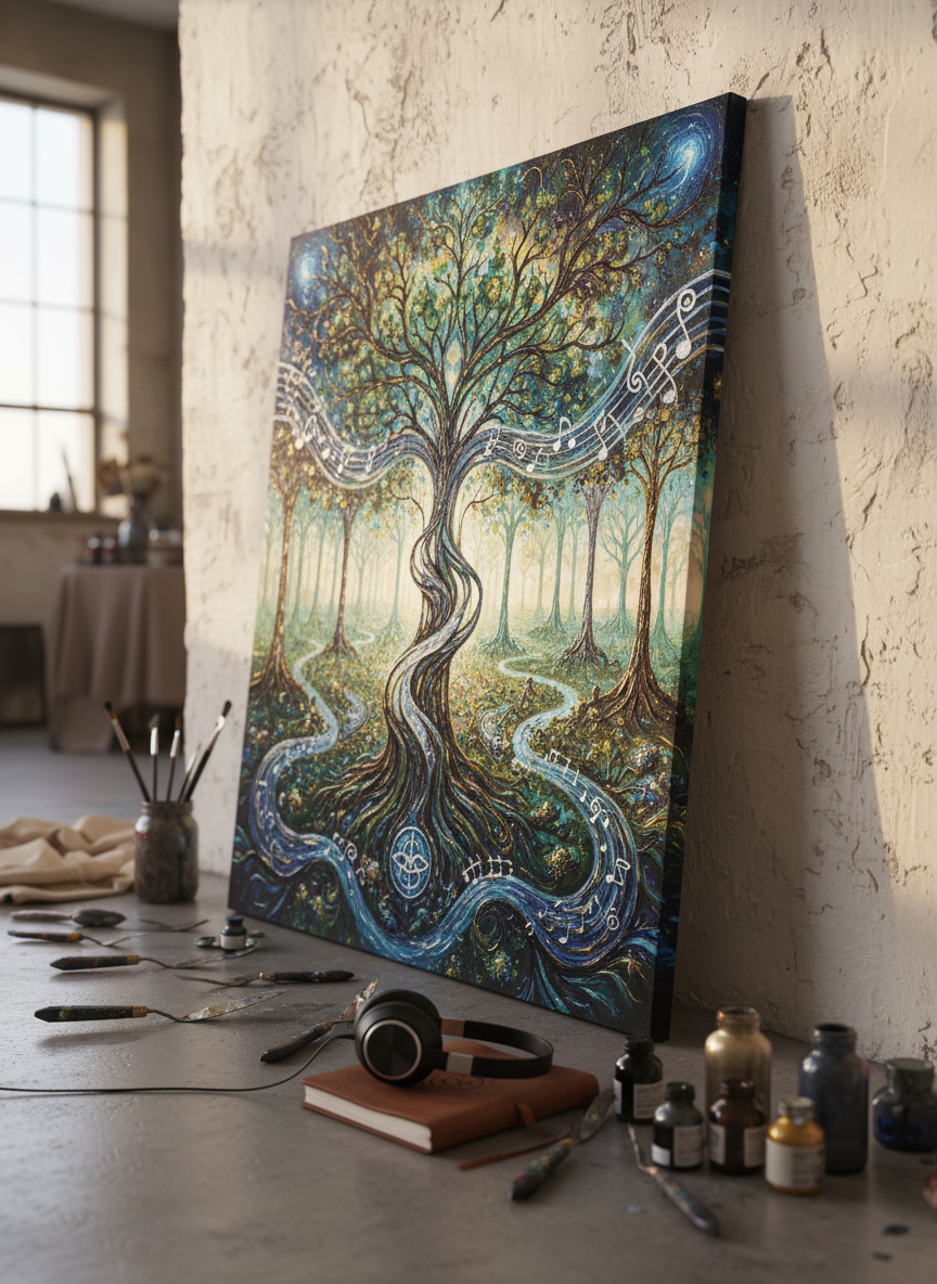 A large, gallery-stretched canvas leaning against a textured plaster wall, its surface covered in meticulously detailed, hand-painted fractal forests and celestial rivers that subtly resemble branching neural networks and musical staffs. At the base of the canvas lies a scattered arrangement of paint-stained palette knives, metallic ink bottles, and a sleek, minimalist pair of headphones resting atop a closed sketchbook embossed with a simple sigil. Late-afternoon natural light filters in from the side, grazing the thick paint ridges and metallic highlights, casting gentle shadows that enhance depth. The mood is quietly ecstatic and exploratory, inviting the viewer into Auryn Vex’s process of integrative, spiritual art-making. Photographic realism, captured from a low, close-up angle emphasizing texture and detail, with a softly blurred studio background suggesting a wider creative sanctuary beyond the frame.