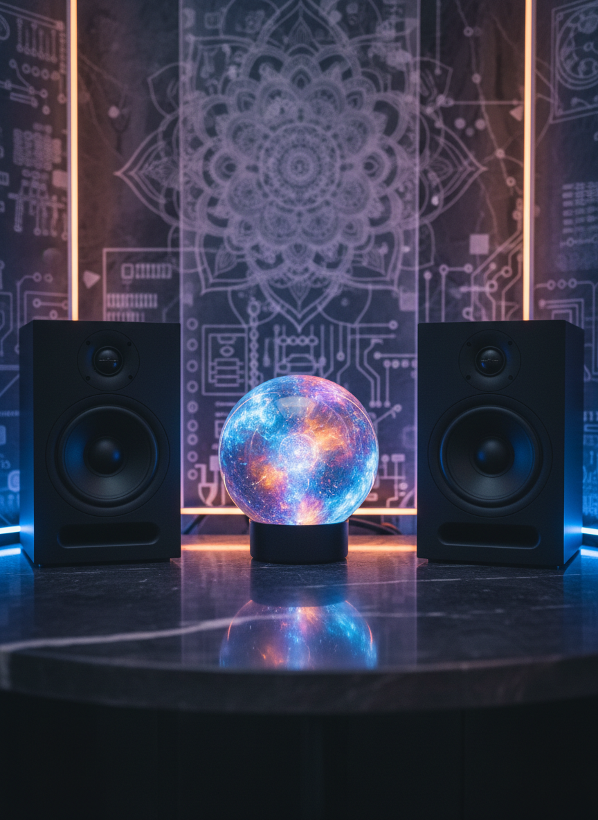 A sophisticated listening altar built around a pair of high-end, matte-black studio monitors flanking a glowing, iridescent orb that seems to pulse with internal light, like a captured nebula. The equipment rests on a smooth, dark stone surface with subtle veins of quartz, set against a backdrop of layered, semi-transparent panels that resemble overlapping mandalas and circuit diagrams. Ambient indigo and amber LED lighting bathes the scene, creating gentle gradients and halo effects around the orb. The atmosphere is intimate and contemplative, ideal for deep listening and creative insight. Photographic realism, framed at eye level with a centered composition and shallow depth of field, keeping the monitors and orb crisp while the abstract background dissolves into soft, spiritual bokeh that suggests interconnectedness and compassion for all beings.